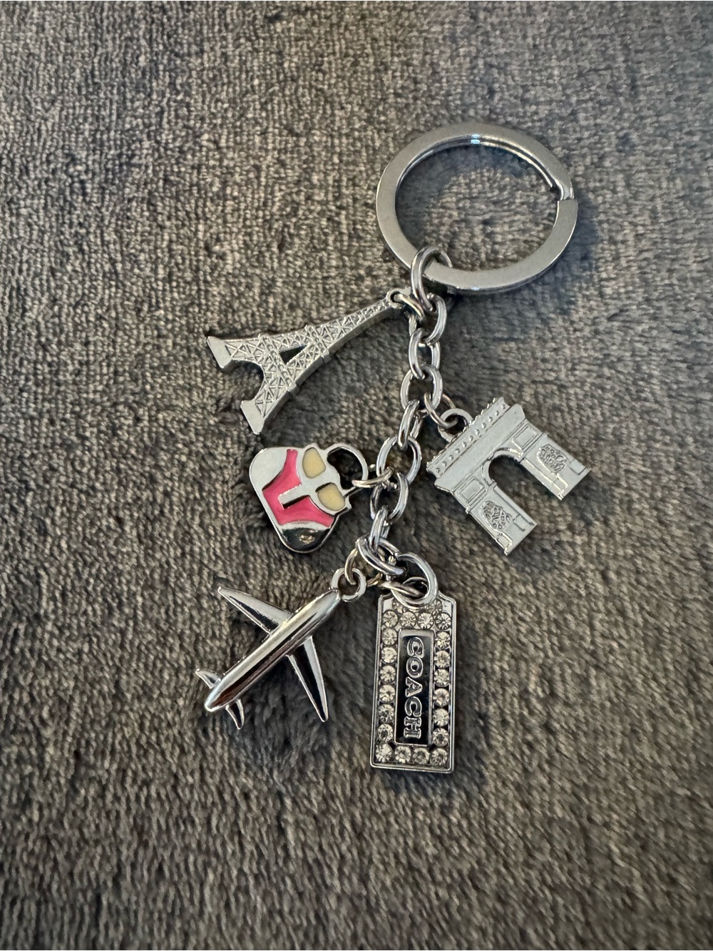 COACH Silver-Tone Paris Travel Charm Keychain with Pink Accent